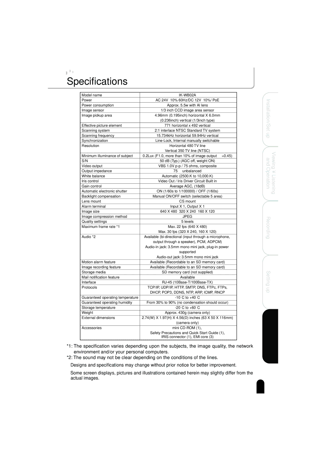 Toshiba IK-WB02A manual Specifications 