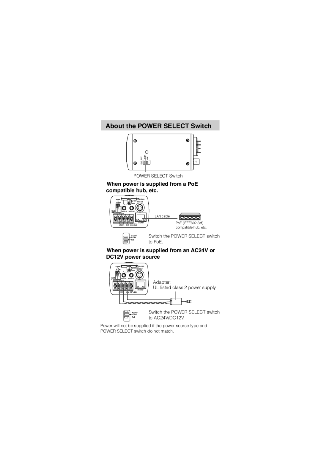 Toshiba IK-WB02A manual About the Power Select Switch, When power is supplied from a PoE compatible hub, etc 