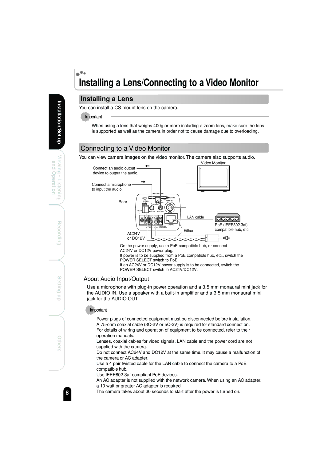 Toshiba IK-WB02A manual Installing a Lens, Connecting to a Video Monitor, About Audio Input/Output 