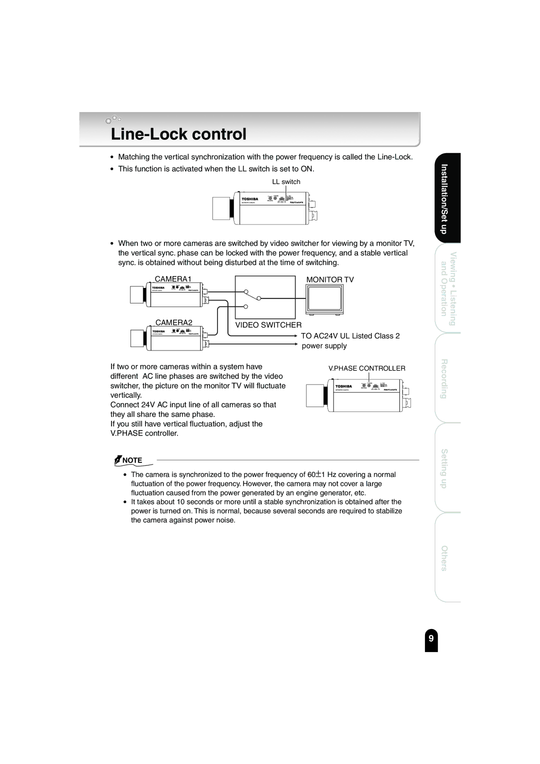 Toshiba IK-WB02A manual Line-Lock control, CAMERA1 Monitor TV CAMERA2 Video Switcher 