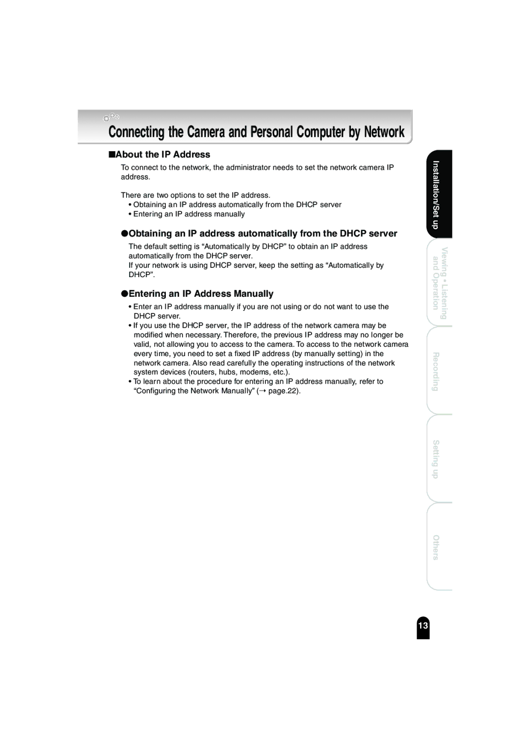 Toshiba IK-WB02A manual About the IP Address, Obtaining an IP address automatically from the Dhcp server 