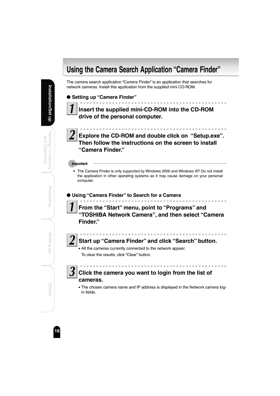 Toshiba IK-WB02A manual Click the camera you want to login from the list of cameras, Setting up Camera Finder 