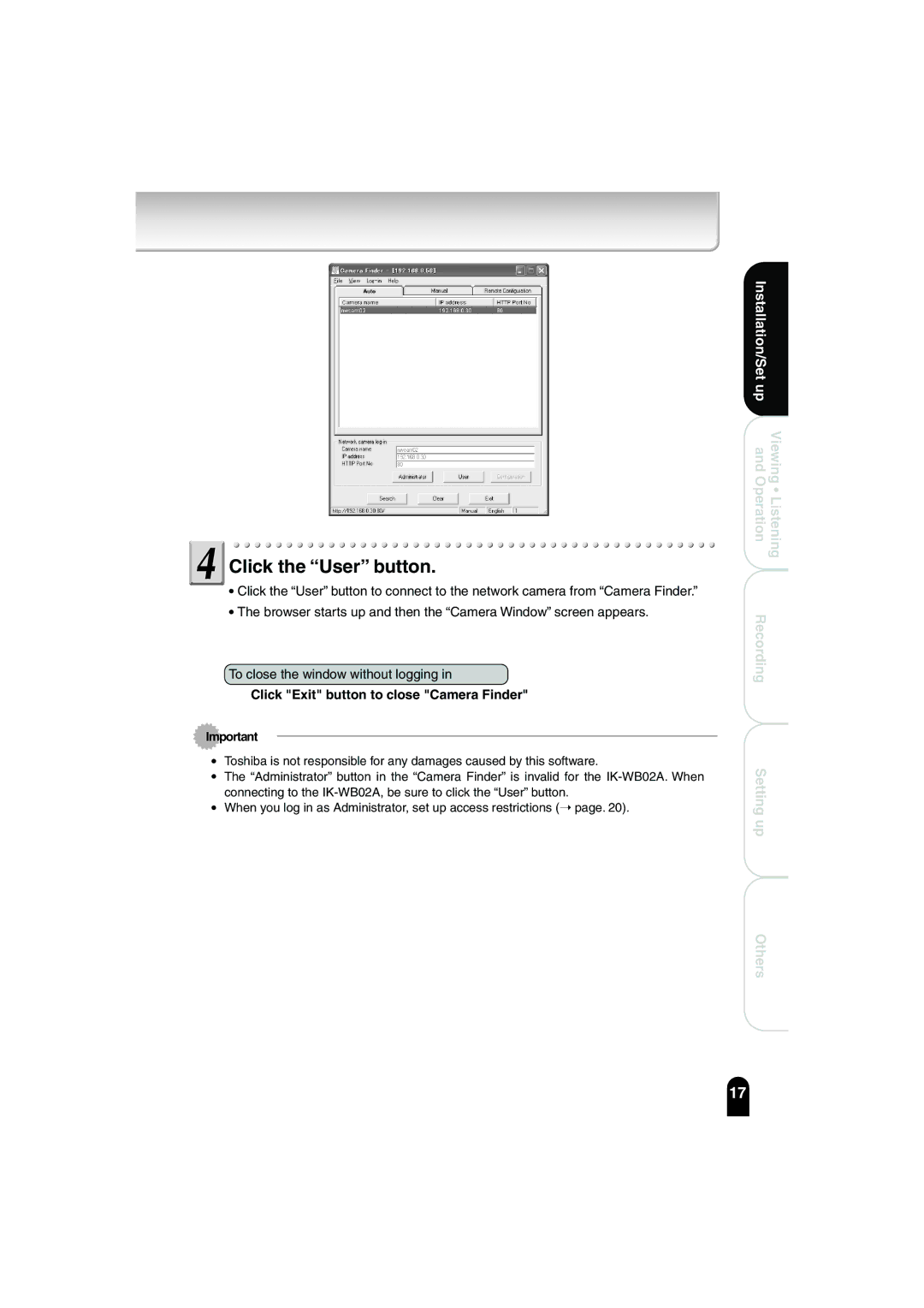 Toshiba IK-WB02A manual Click the User button, Click Exit button to close Camera Finder 