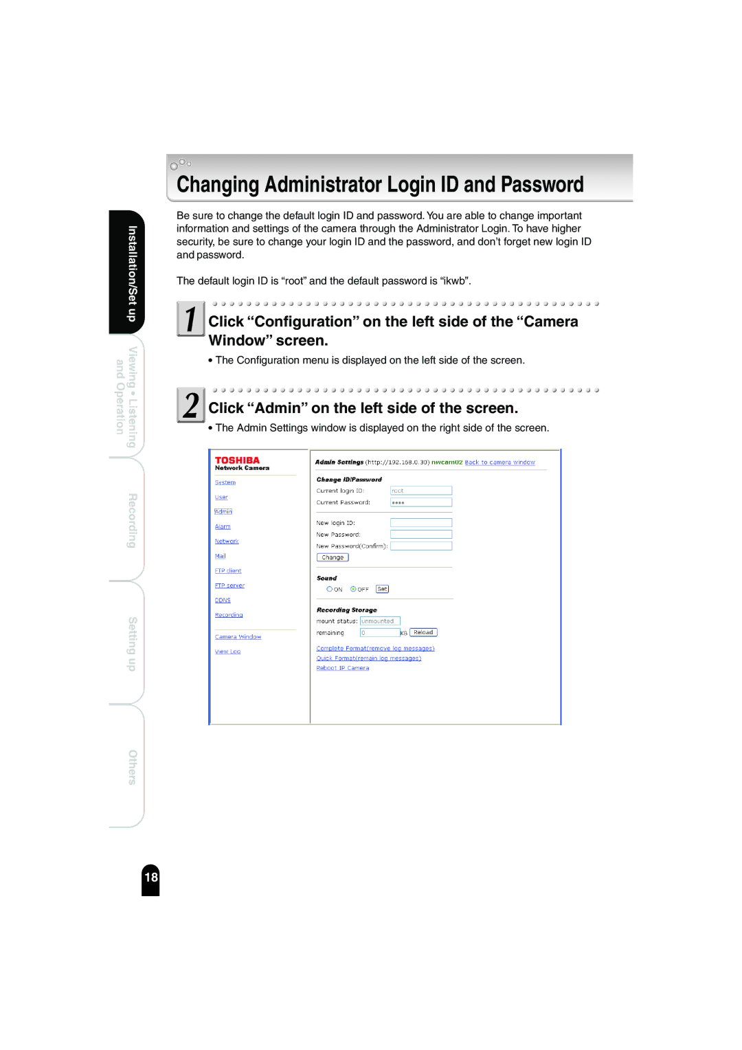 Toshiba IK-WB02A manual Changing Administrator Login ID and Password, Click Admin on the left side of the screen 