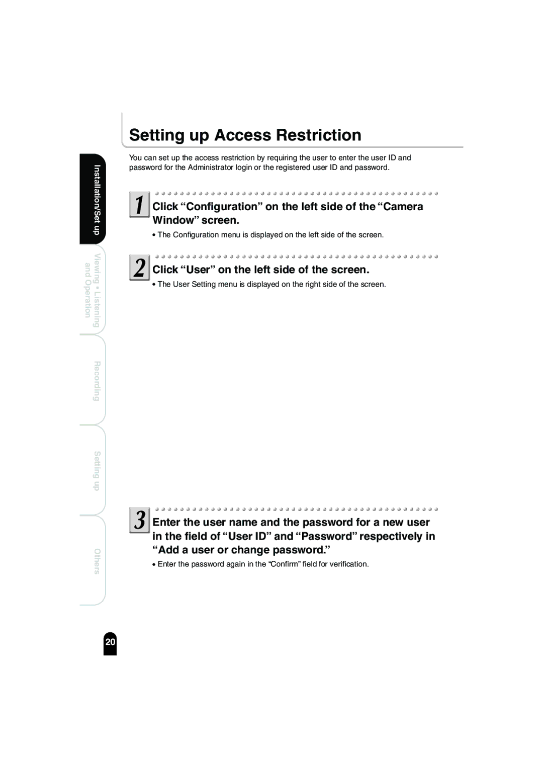 Toshiba IK-WB02A manual Setting up Access Restriction, Click User on the left side of the screen 