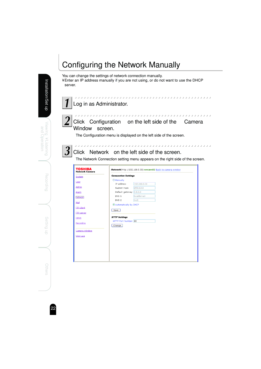 Toshiba IK-WB02A manual Configuring the Network Manually, Click Network on the left side of the screen 