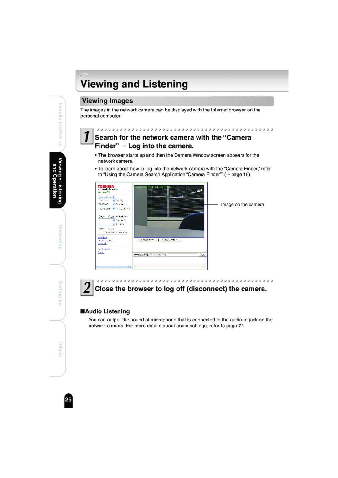 Toshiba IK-WB02A manual Viewing and Listening, Viewing Images, Close the browser to log off disconnect the camera 