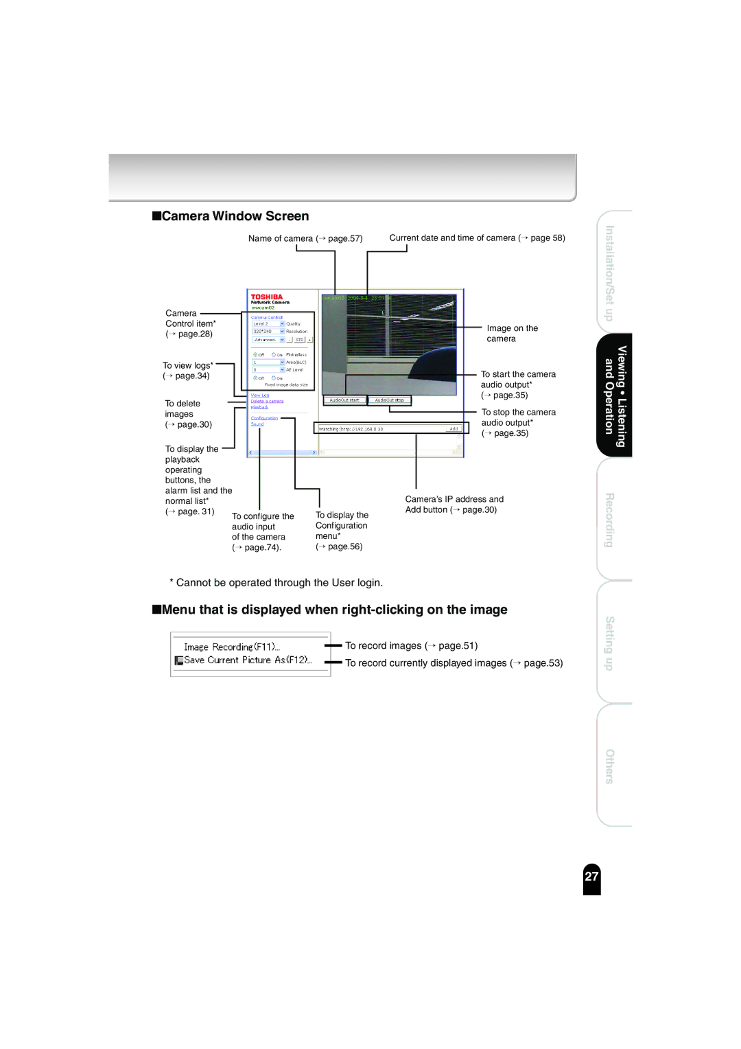 Toshiba IK-WB02A manual Camera Window Screen, Menu that is displayed when right-clicking on the image 