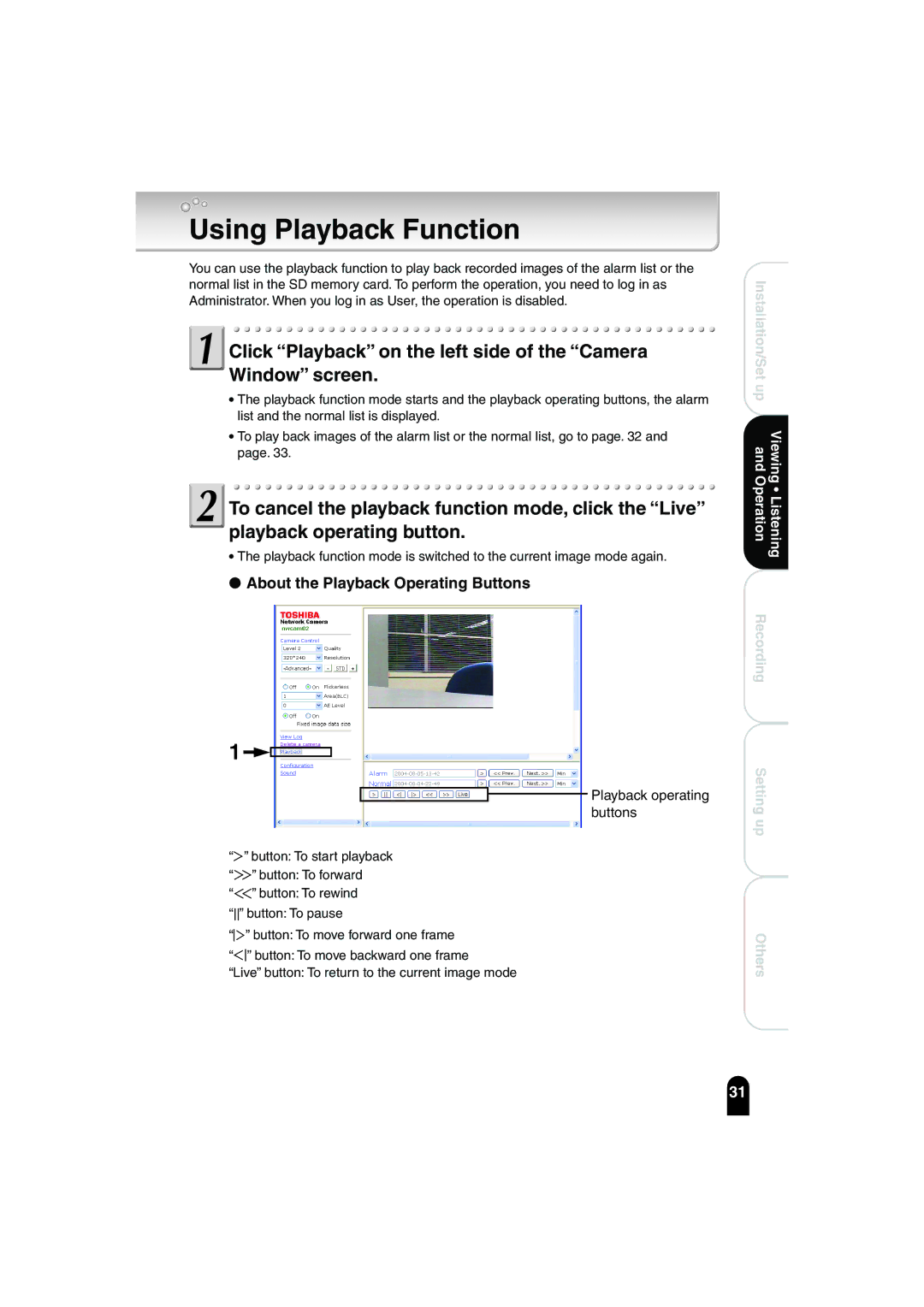 Toshiba IK-WB02A manual Using Playback Function, Click Playback on the left side of the Camera Window screen 