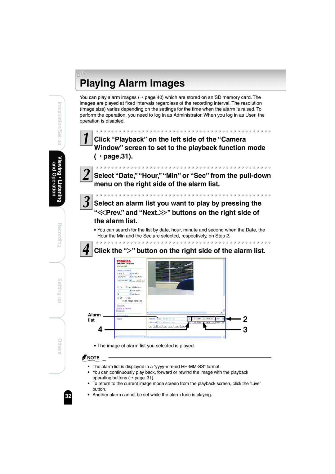 Toshiba IK-WB02A manual Playing Alarm Images, Click the button on the right side of the alarm list, Alarm List 