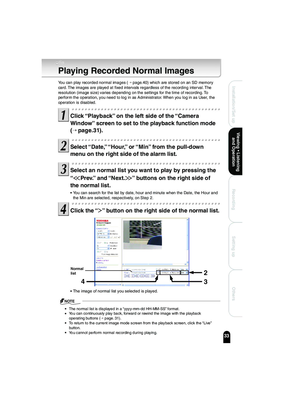 Toshiba IK-WB02A manual Playing Recorded Normal Images, Click the button on the right side of the normal list, Normal List 