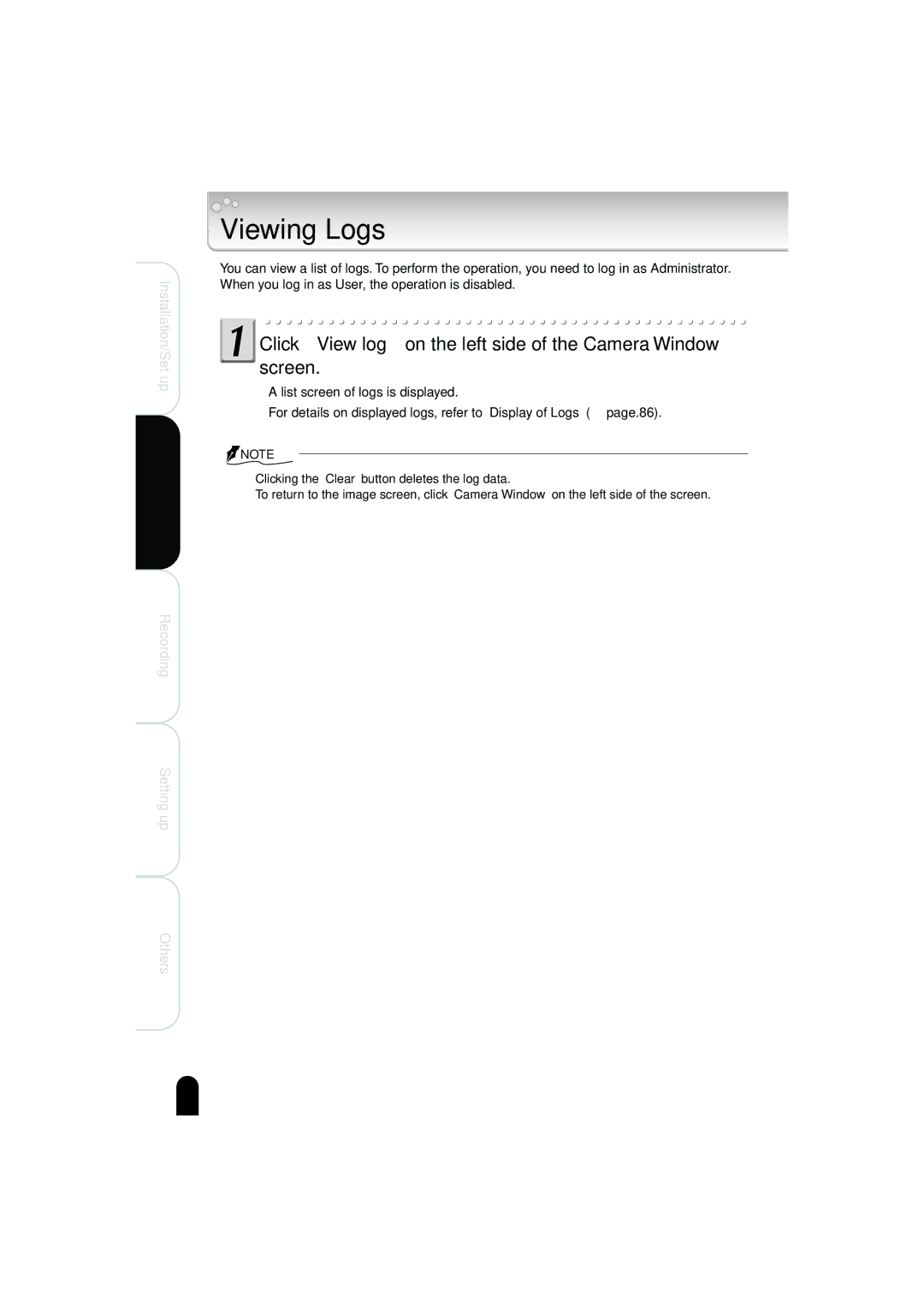 Toshiba IK-WB02A manual Viewing Logs, Click View log on the left side of the Camera Window screen 