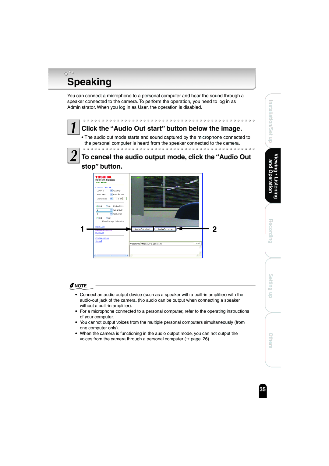 Toshiba IK-WB02A manual Speaking, Click the Audio Out start button below the image 