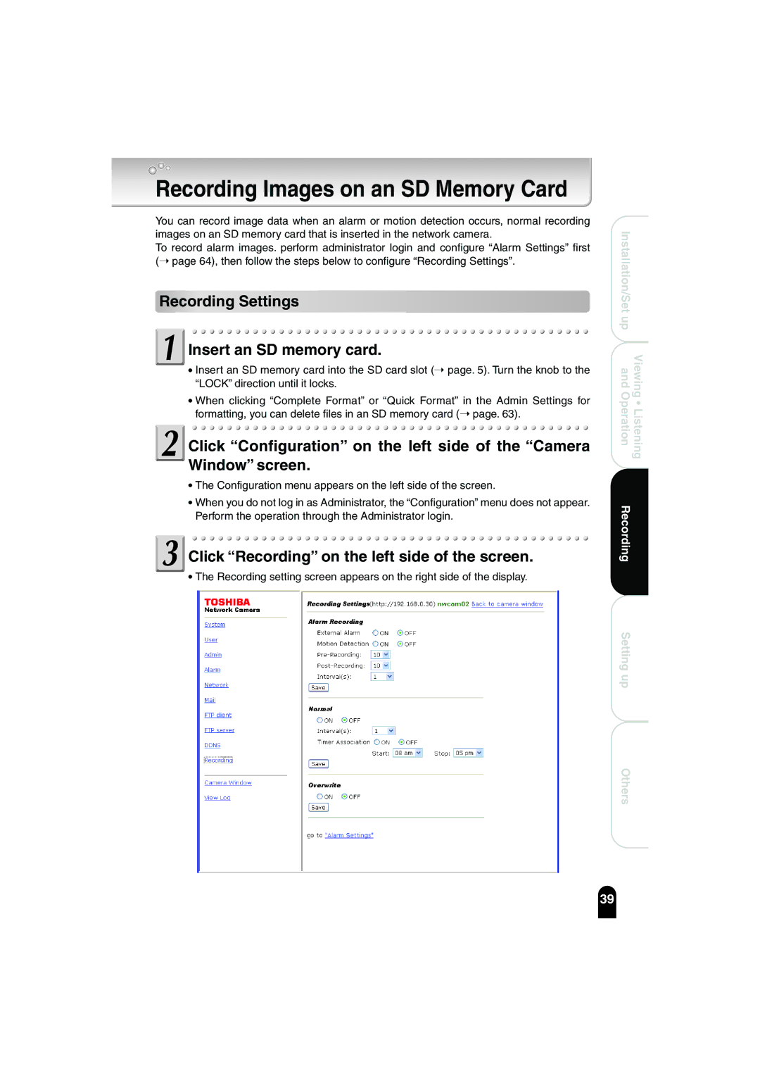 Toshiba IK-WB02A manual Recording Images on an SD Memory Card, Recording Settings Insert an SD memory card 