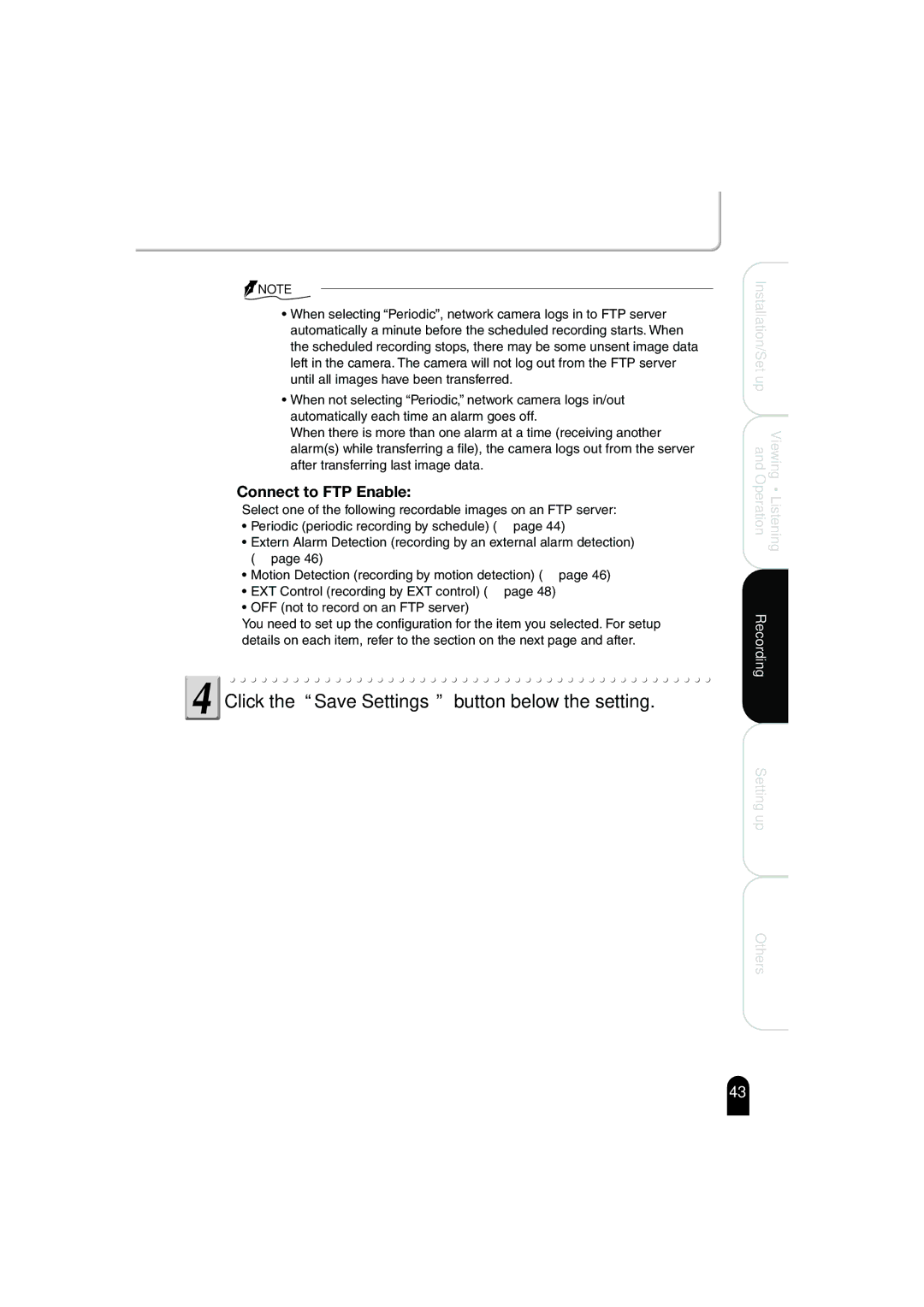 Toshiba IK-WB02A manual Click the Save Settings button below the setting, Connect to FTP Enable 