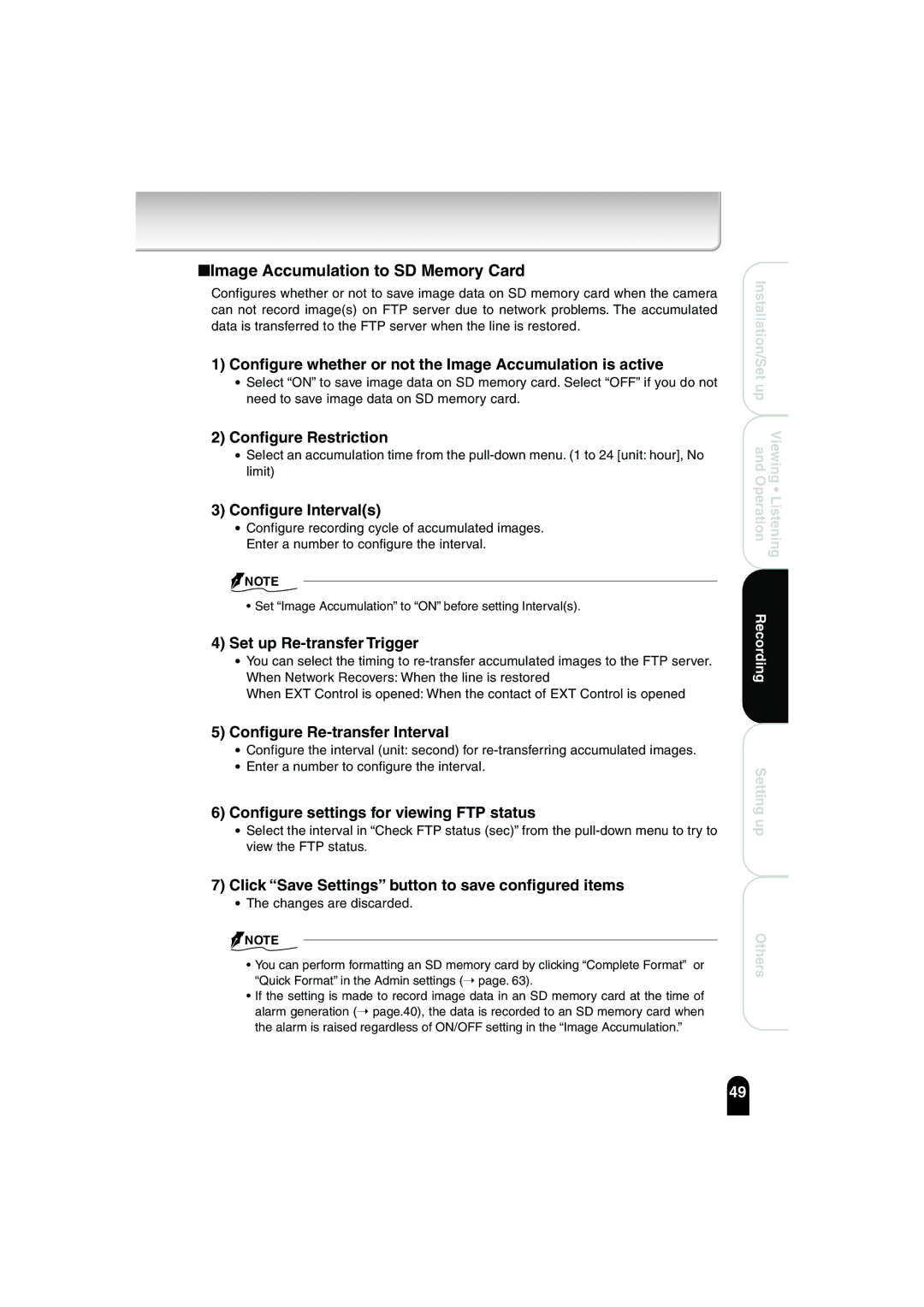 Toshiba IK-WB02A manual Image Accumulation to SD Memory Card 