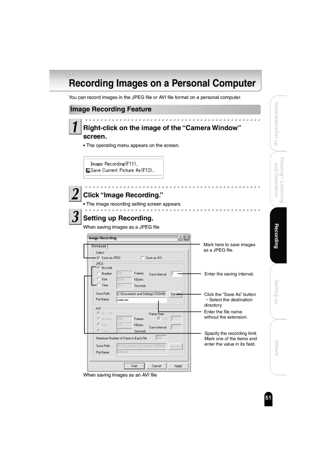 Toshiba IK-WB02A manual Click Image Recording, Setting up Recording 