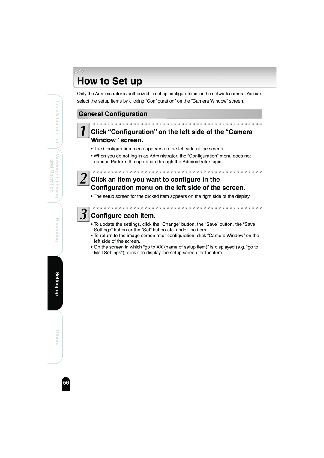 Toshiba IK-WB02A manual How to Set up, Configure each item 