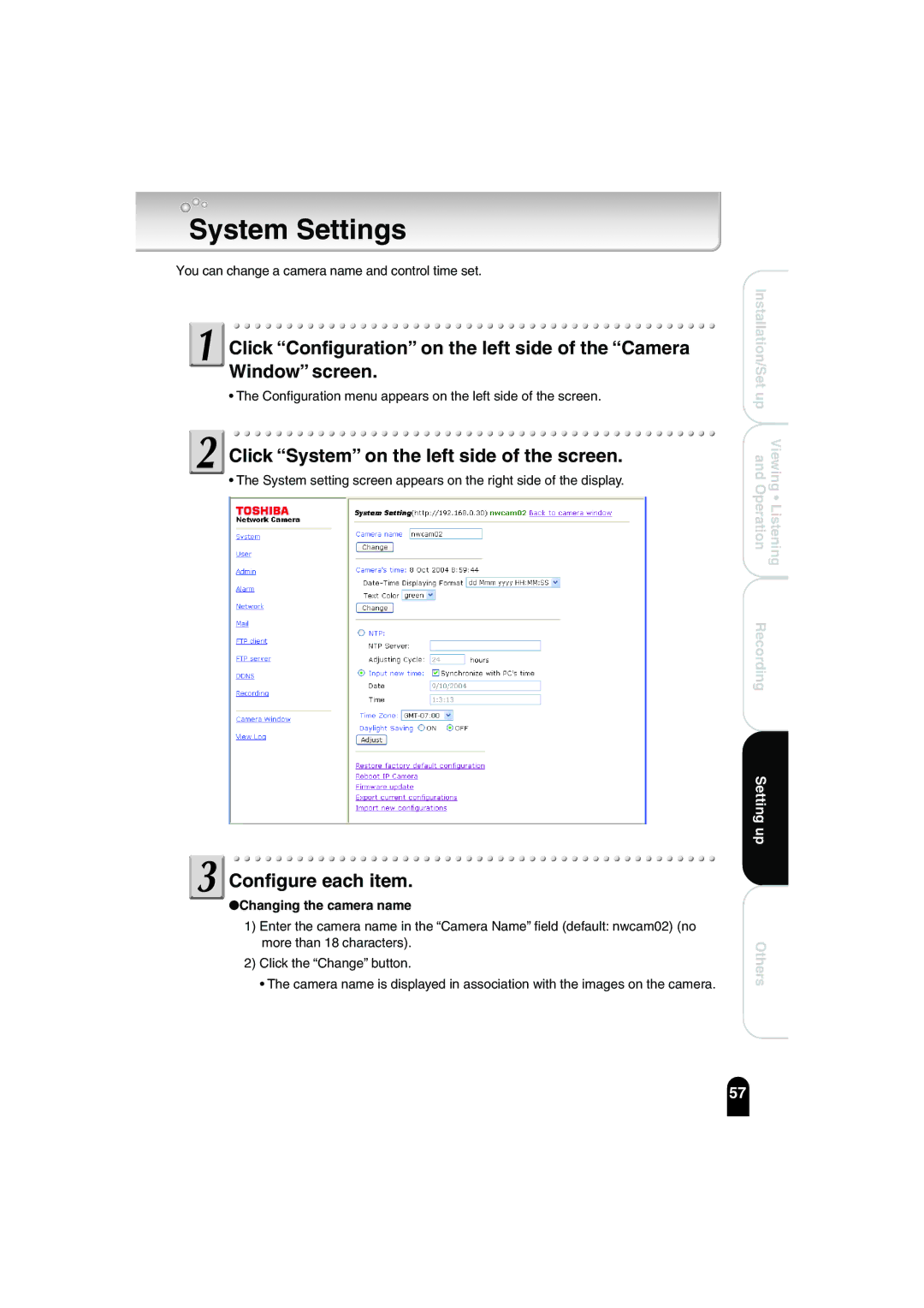 Toshiba IK-WB02A manual System Settings, Click System on the left side of the screen, Changing the camera name 