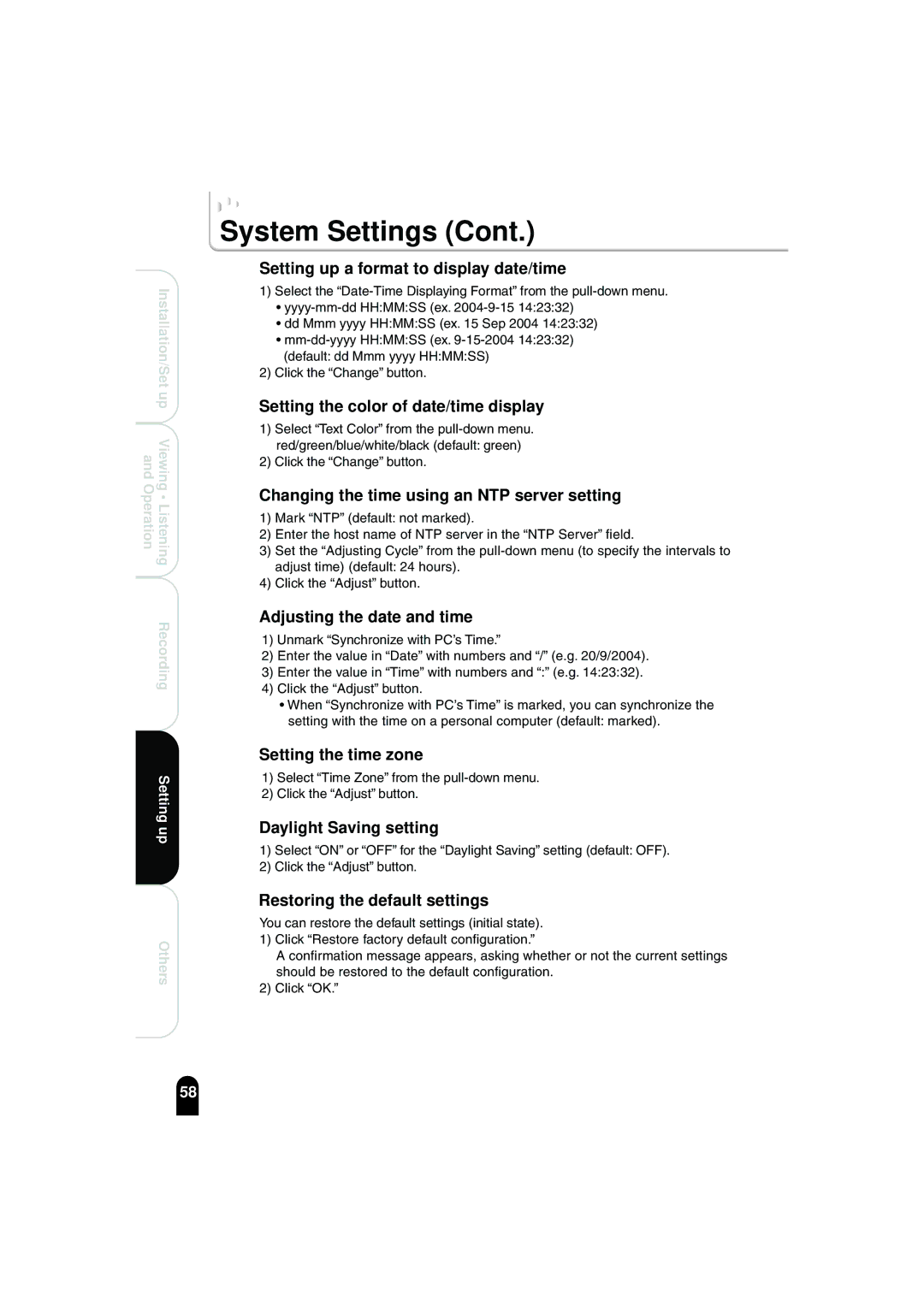 Toshiba IK-WB02A Setting up a format to display date/time, Setting the color of date/time display, Setting the time zone 