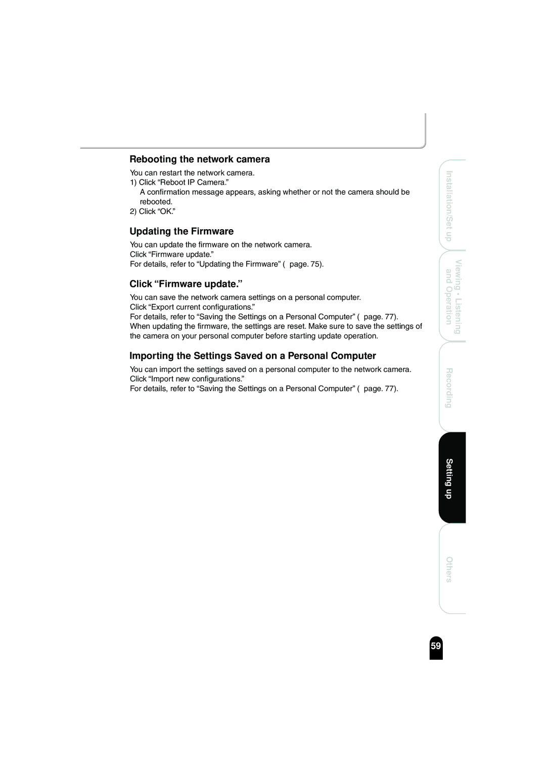 Toshiba IK-WB02A manual Rebooting the network camera, Updating the Firmware, Click Firmware update 