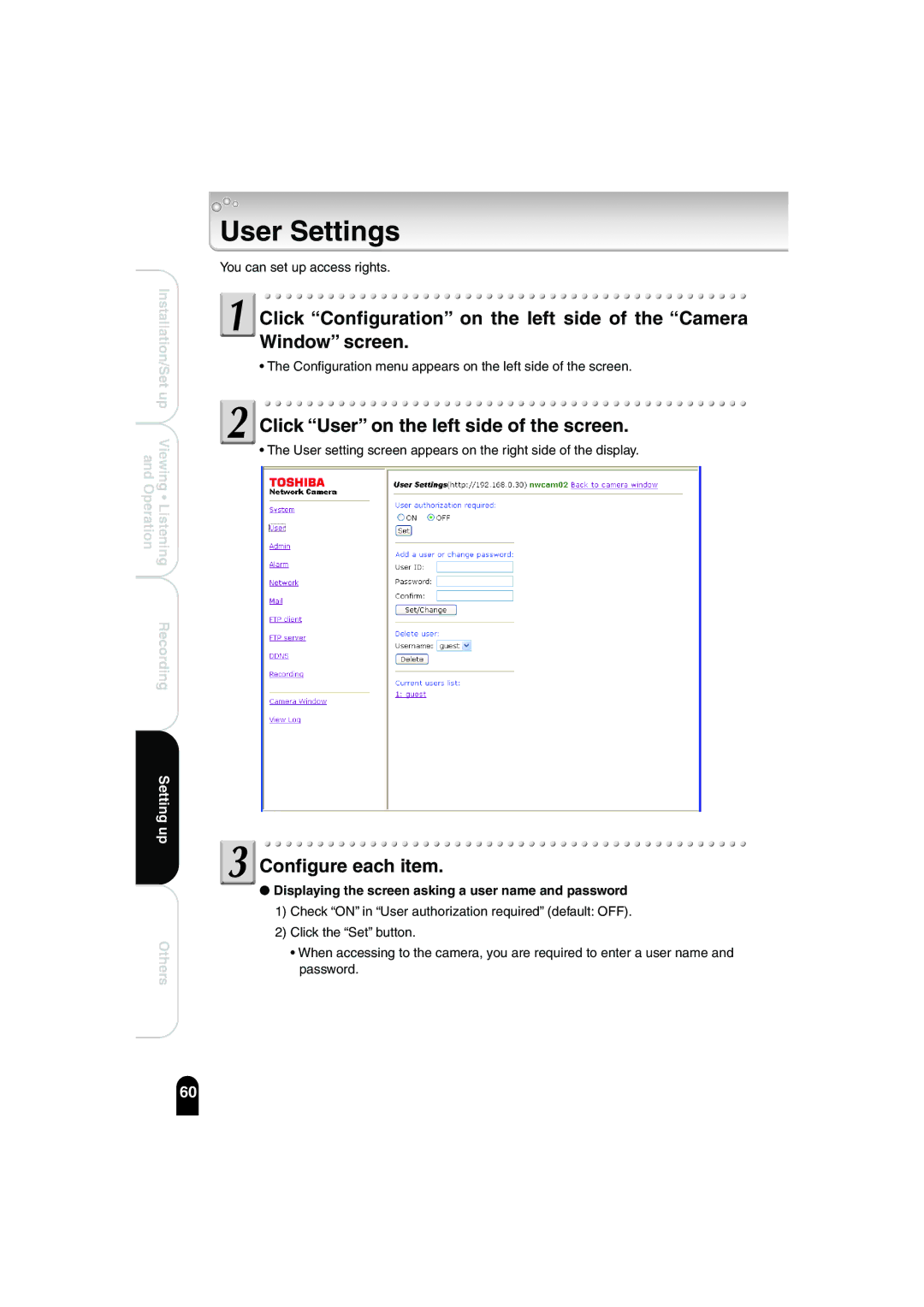 Toshiba IK-WB02A manual User Settings, Displaying the screen asking a user name and password 