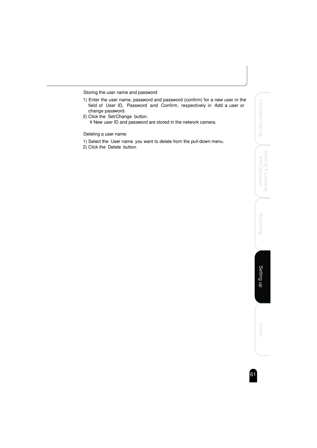 Toshiba IK-WB02A manual Storing the user name and password, Deleting a user name 