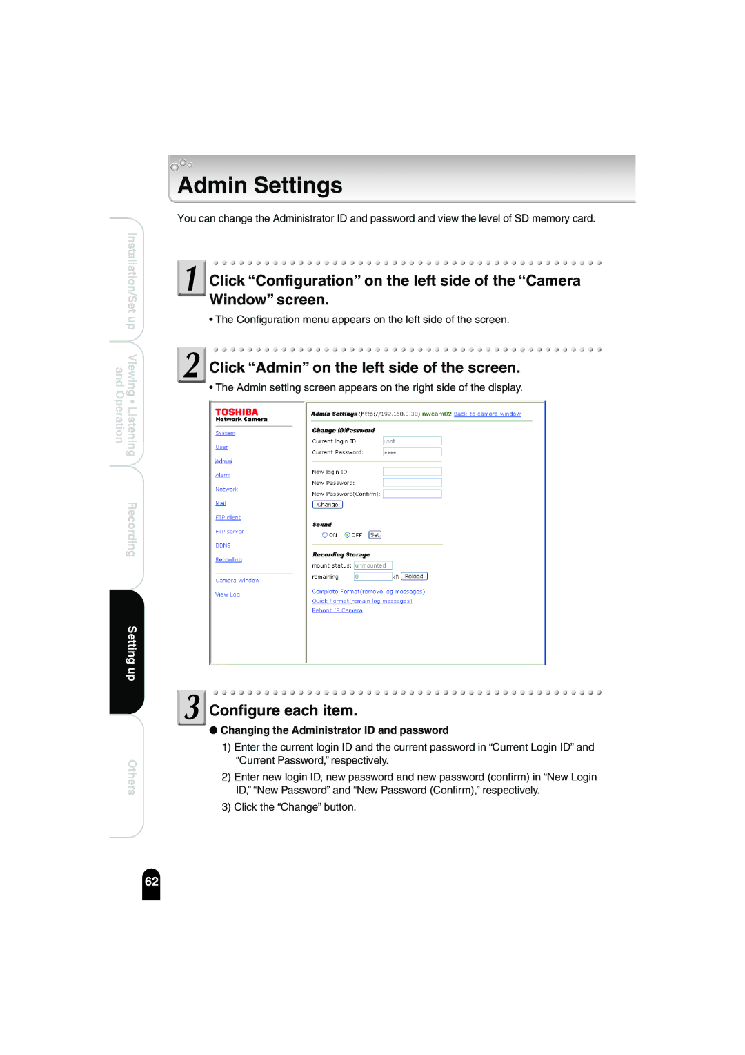 Toshiba IK-WB02A manual Admin Settings, Changing the Administrator ID and password 