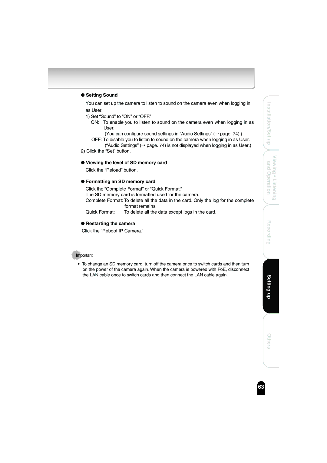 Toshiba IK-WB02A manual Setting Sound, Restarting the camera 