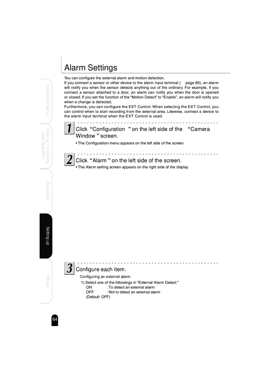 Toshiba IK-WB02A manual Alarm Settings, Click Alarm on the left side of the screen, Configuring an external alarm 