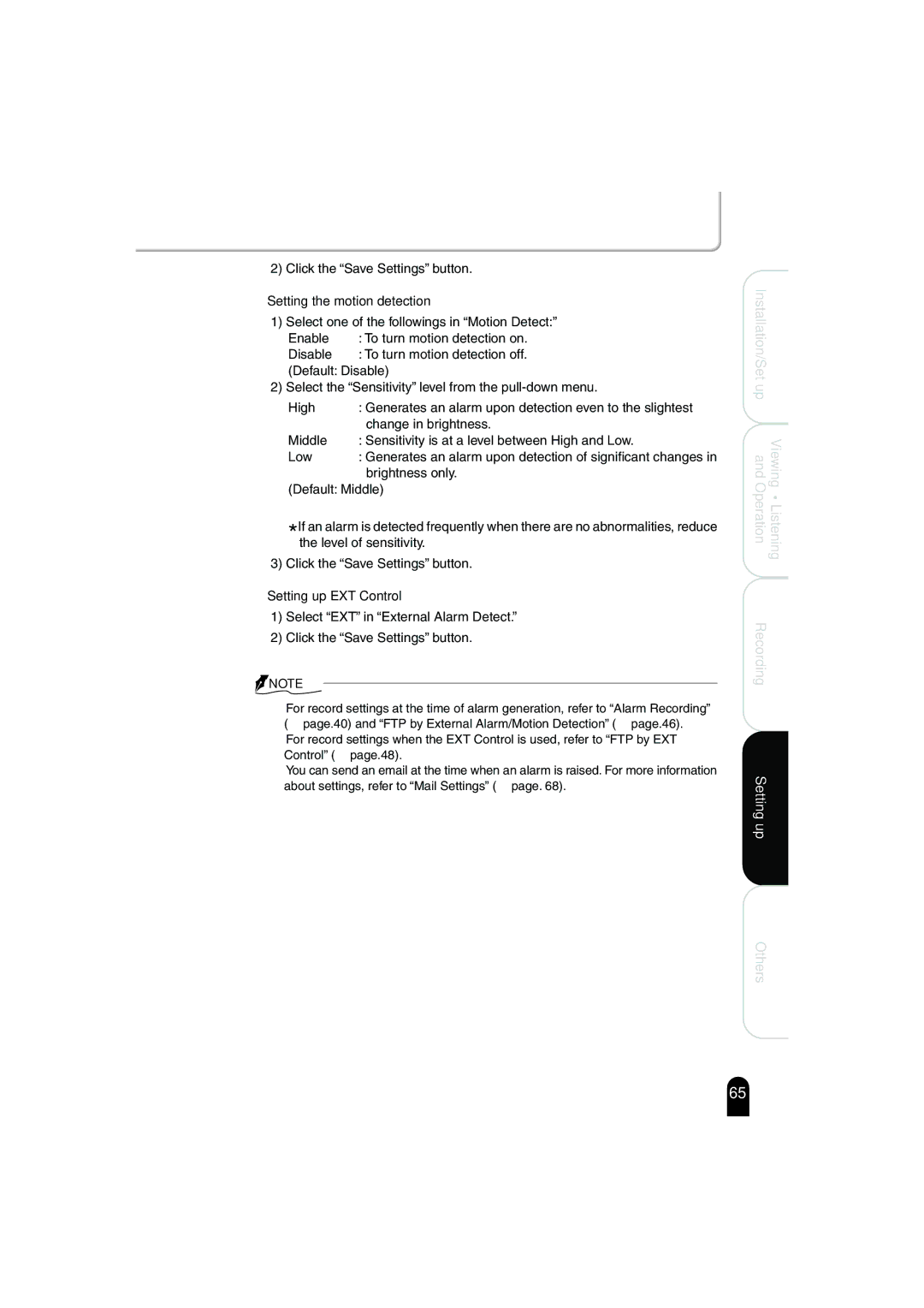 Toshiba IK-WB02A manual Setting the motion detection, Setting up EXT Control 