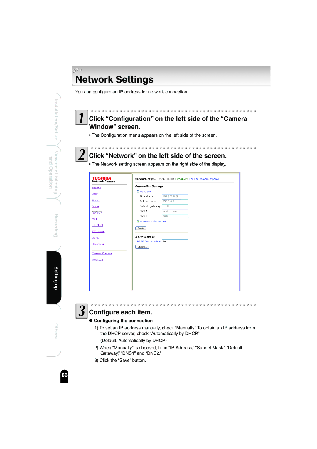 Toshiba IK-WB02A manual Network Settings, Configuring the connection 