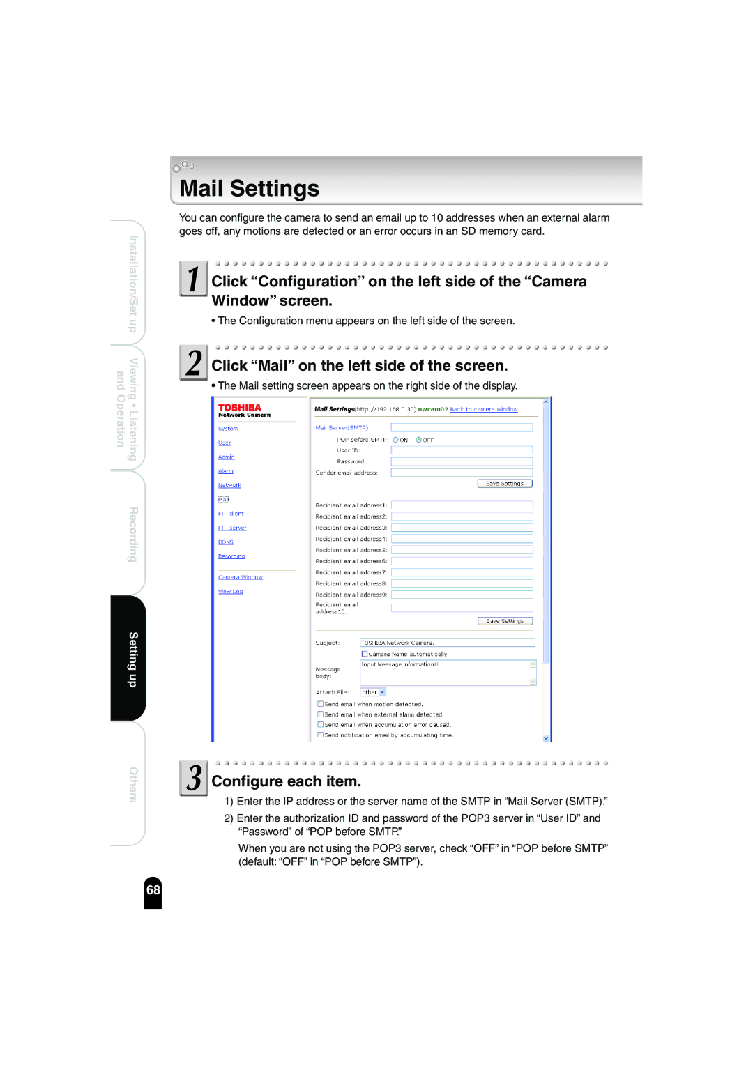 Toshiba IK-WB02A manual Mail Settings, Click Mail on the left side of the screen 