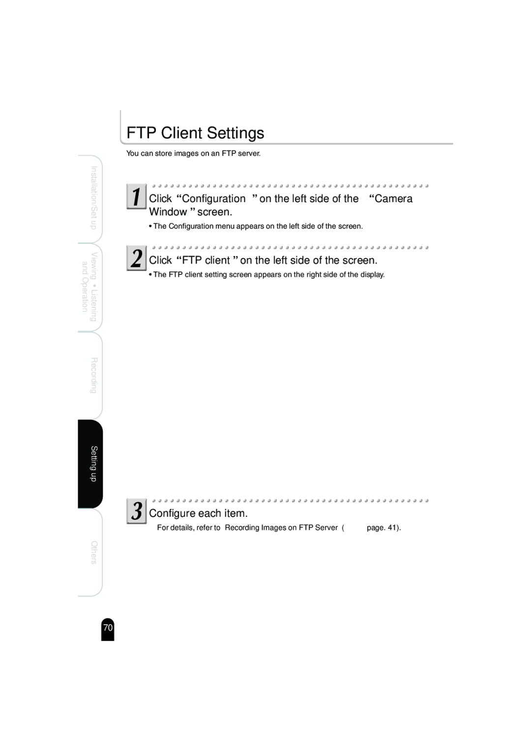 Toshiba IK-WB02A manual FTP Client Settings, Click FTP client on the left side of the screen 