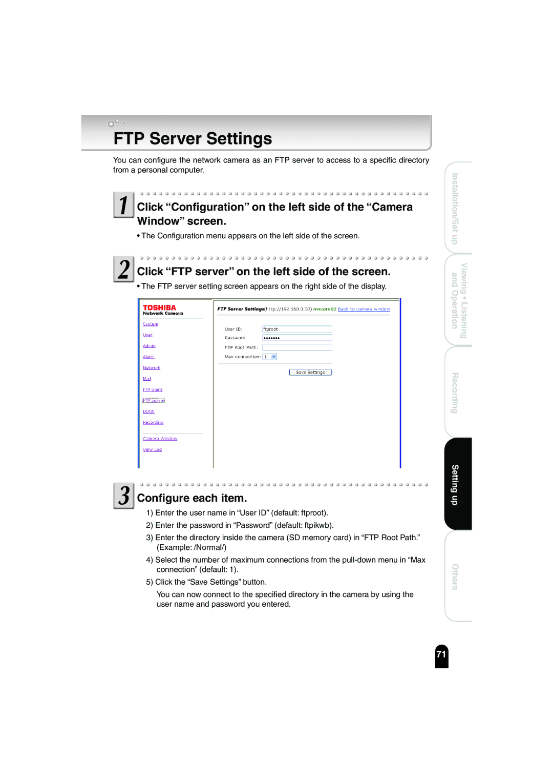 Toshiba IK-WB02A manual FTP Server Settings, Click FTP server on the left side of the screen 