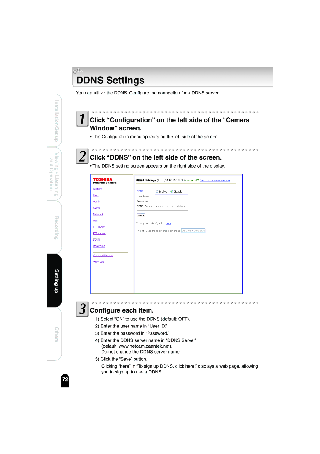 Toshiba IK-WB02A manual Ddns Settings, Click Ddns on the left side of the screen 