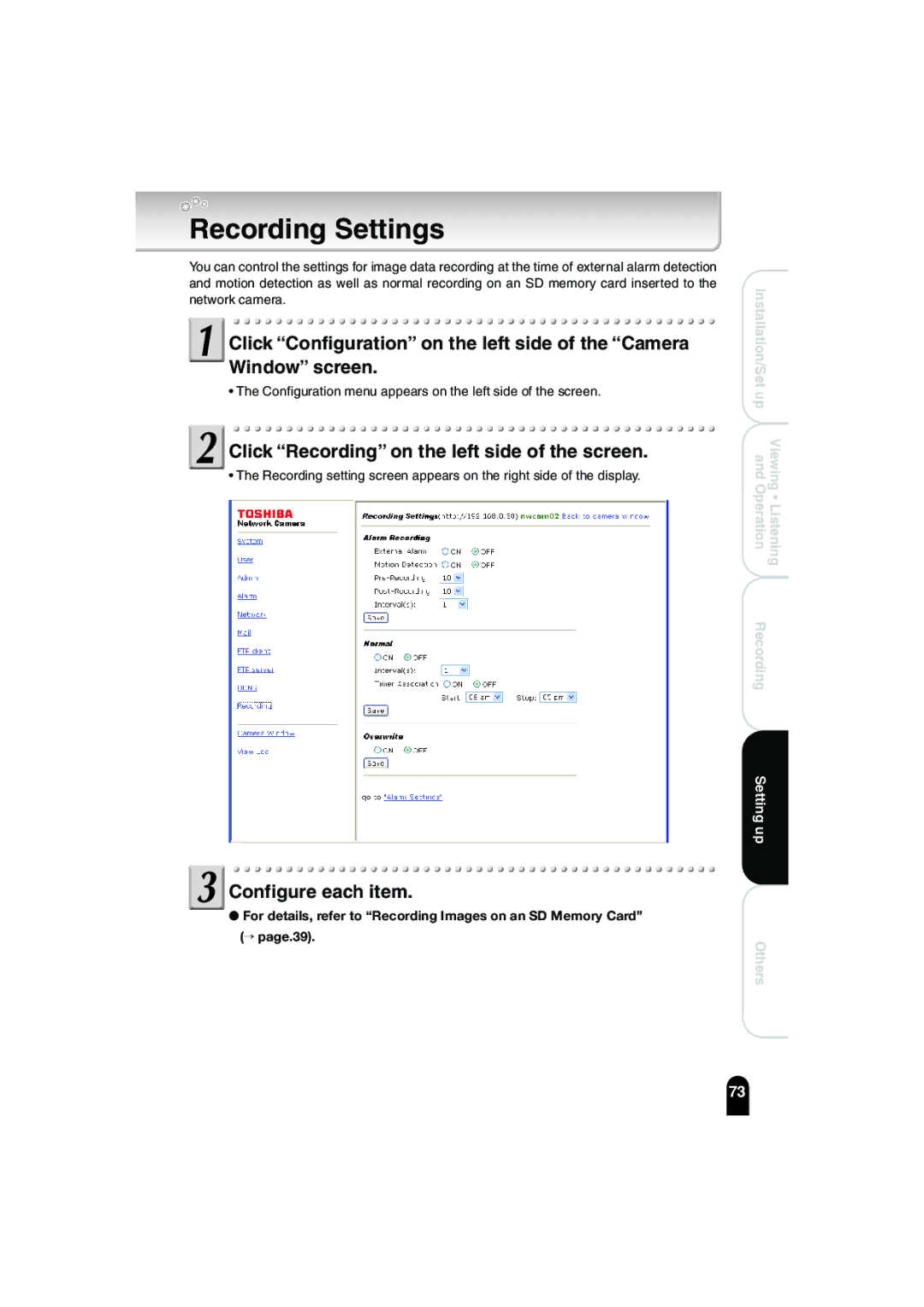 Toshiba IK-WB02A manual Recording Settings, Click Recording on the left side of the screen 