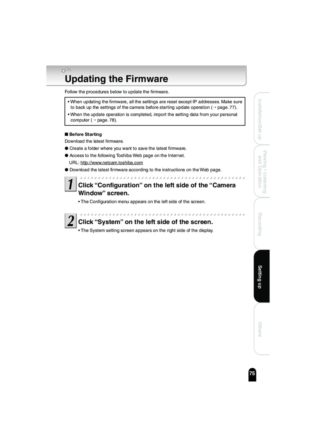 Toshiba IK-WB02A manual Updating the Firmware, Before Starting 