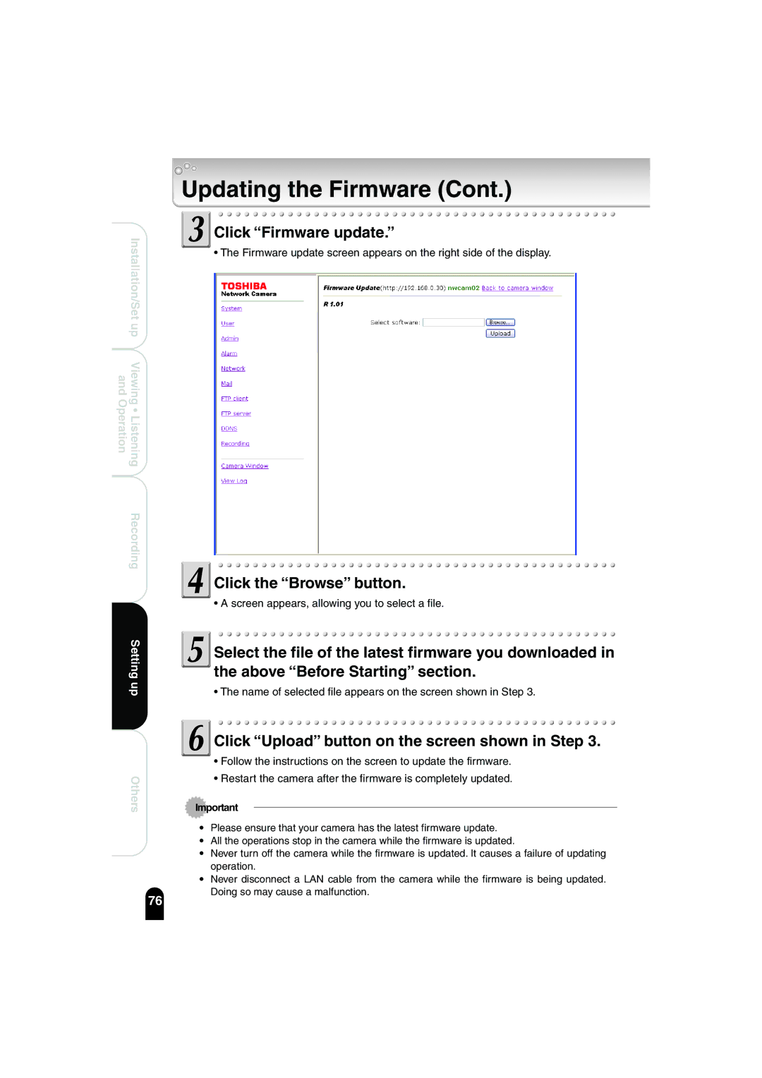 Toshiba IK-WB02A manual Click Firmware update, Click the Browse button, Click Upload button on the screen shown in Step 