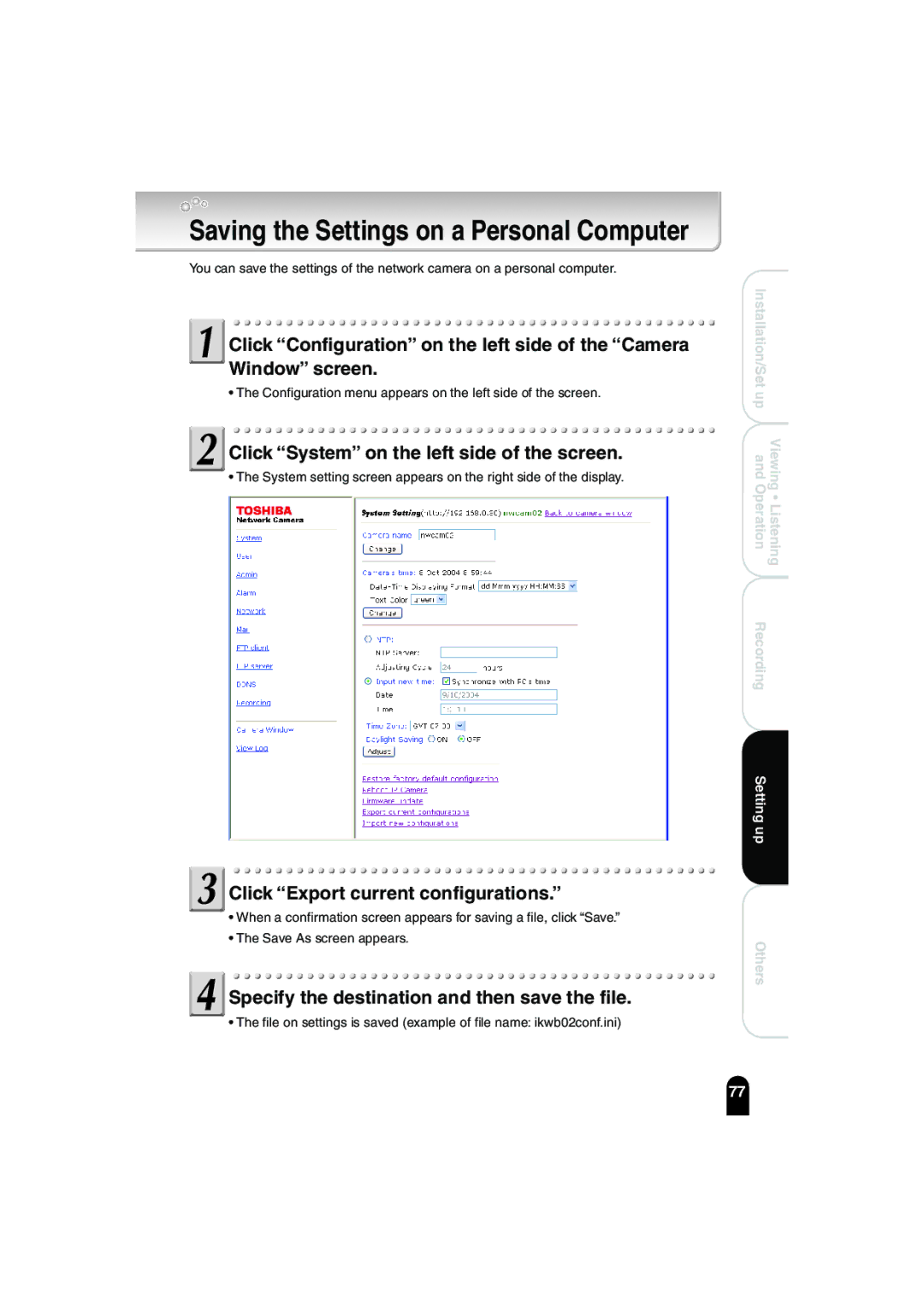 Toshiba IK-WB02A manual Click Export current configurations, Specify the destination and then save the file 