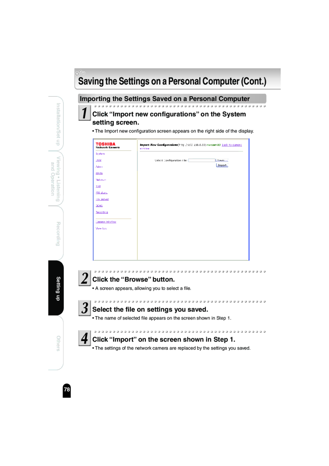 Toshiba IK-WB02A manual Select the file on settings you saved, Click Import on the screen shown in Step 