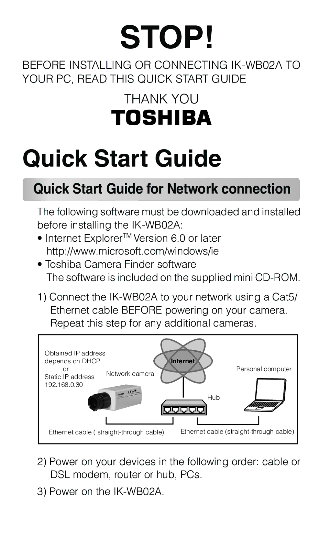 Toshiba IK-WB02A quick start Stop, Quick Start Guide for Network connection 