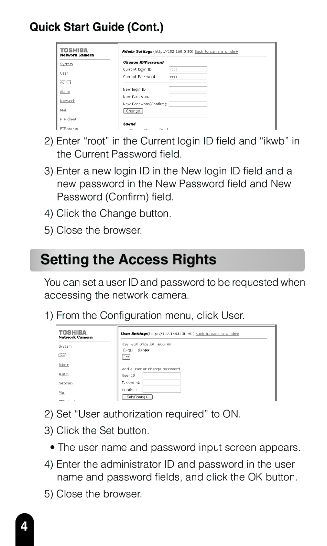 Toshiba IK-WB02A quick start Setting the Access Rights 