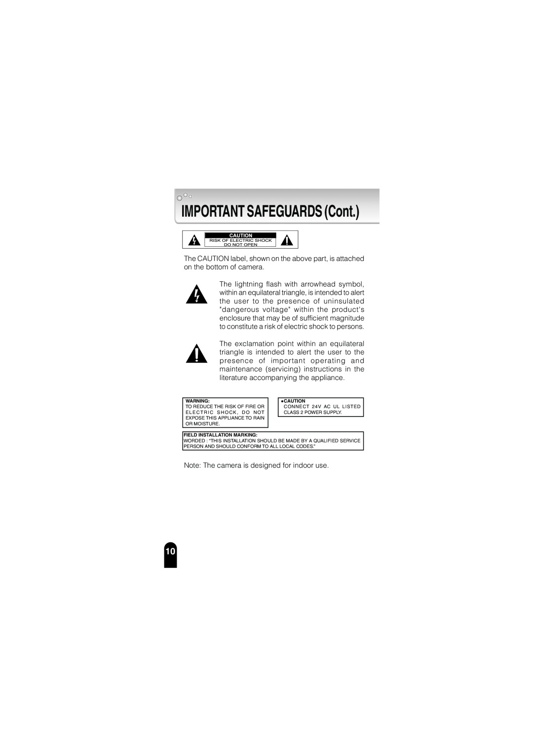 Toshiba IK-WB02A manual IMPORTANT SAFEGUARDS Cont, Note The camera is designed for indoor use 