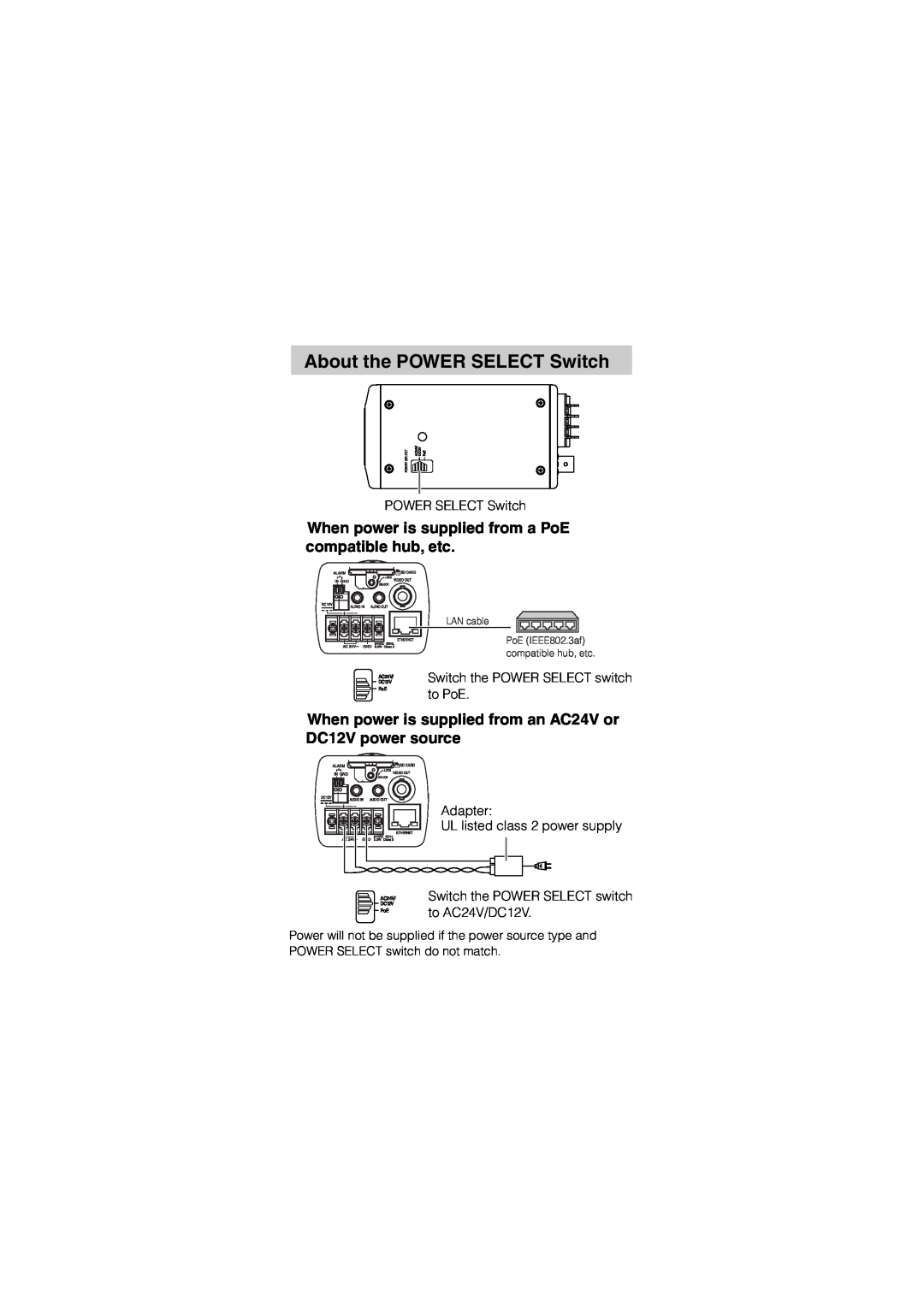 Toshiba IK-WB02A manual About the POWER SELECT Switch, When power is supplied from an AC24V or, DC12V power source 