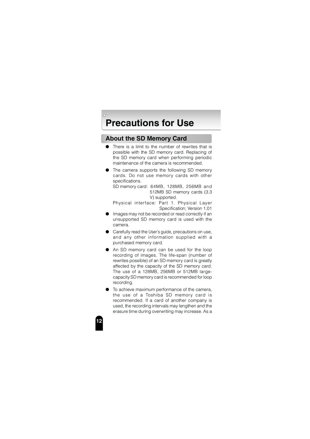 Toshiba IK-WB02A manual Precautions for Use, About the SD Memory Card 