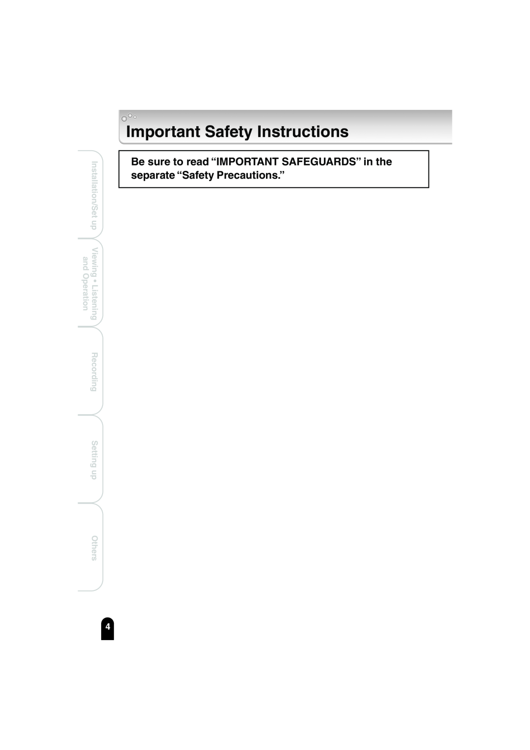 Toshiba IK-WB02A manual Important Safety Instructions, Installation/Set up, Recording Setting up Others 