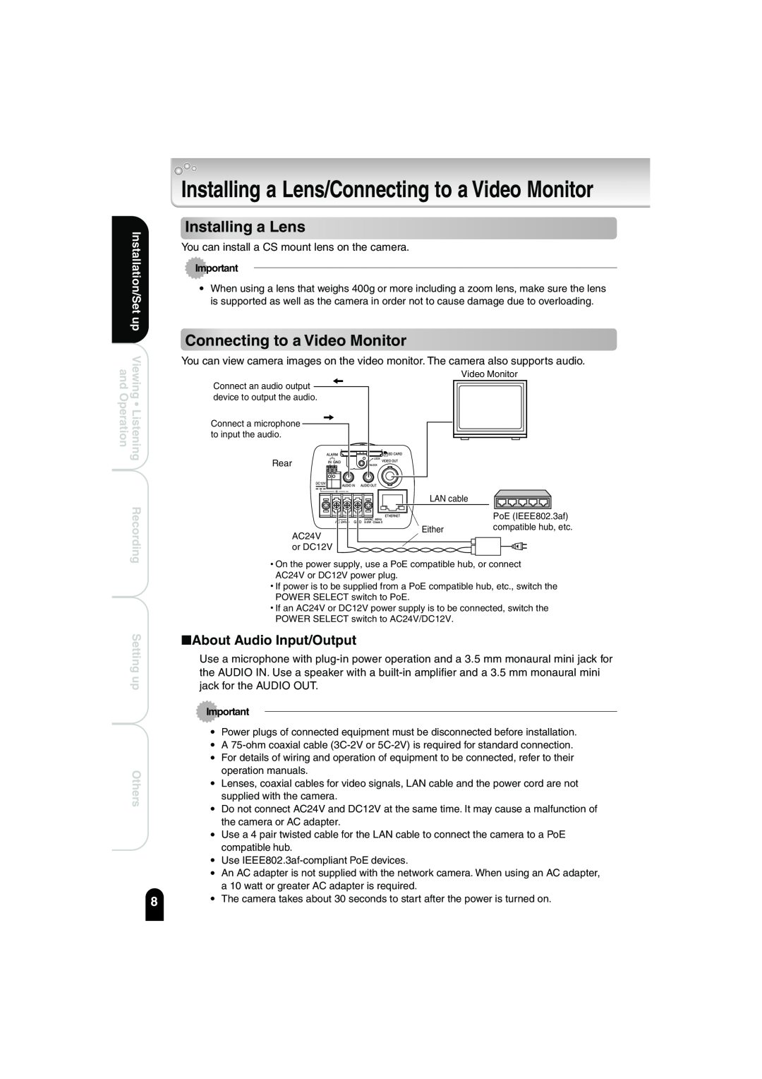 Toshiba IK-WB02A Installing a Lens/Connecting to a Video Monitor, About Audio Input/Output, Installation/Set up, Recording 