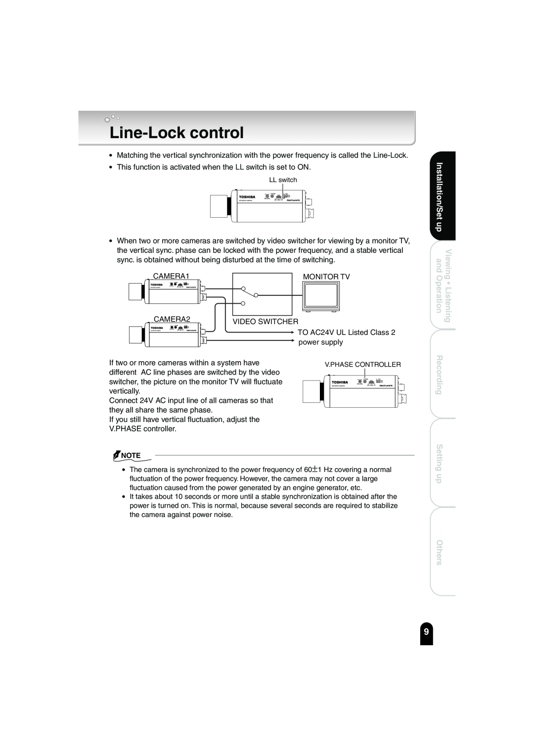 Toshiba IK-WB02A manual Line-Lockcontrol, Installation/Set up, Recording Setting up Others 