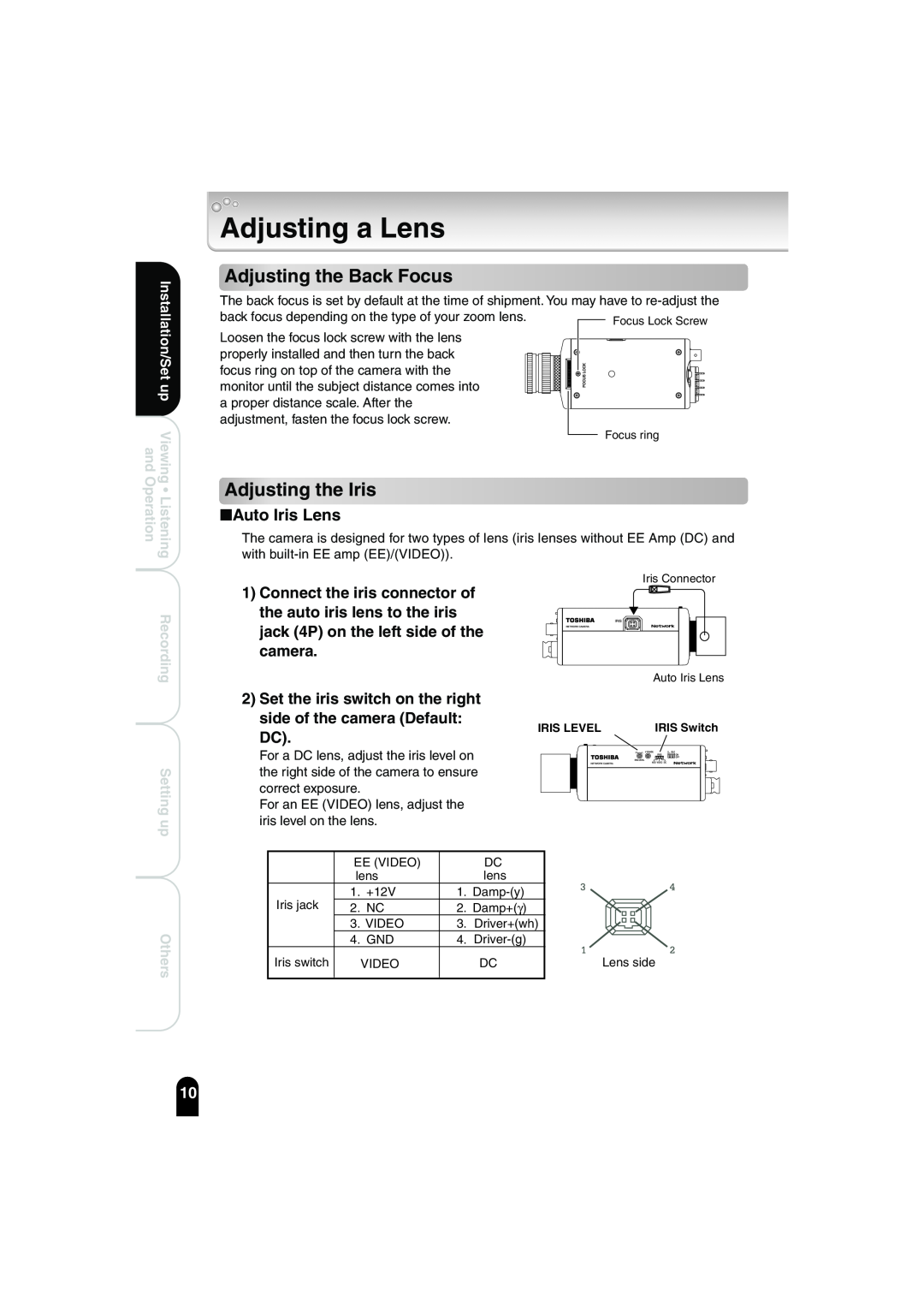 Toshiba IK-WB02A manual Adjusting a Lens, Adjusting the Back Focus, Adjusting the Iris, Auto Iris Lens, camera 